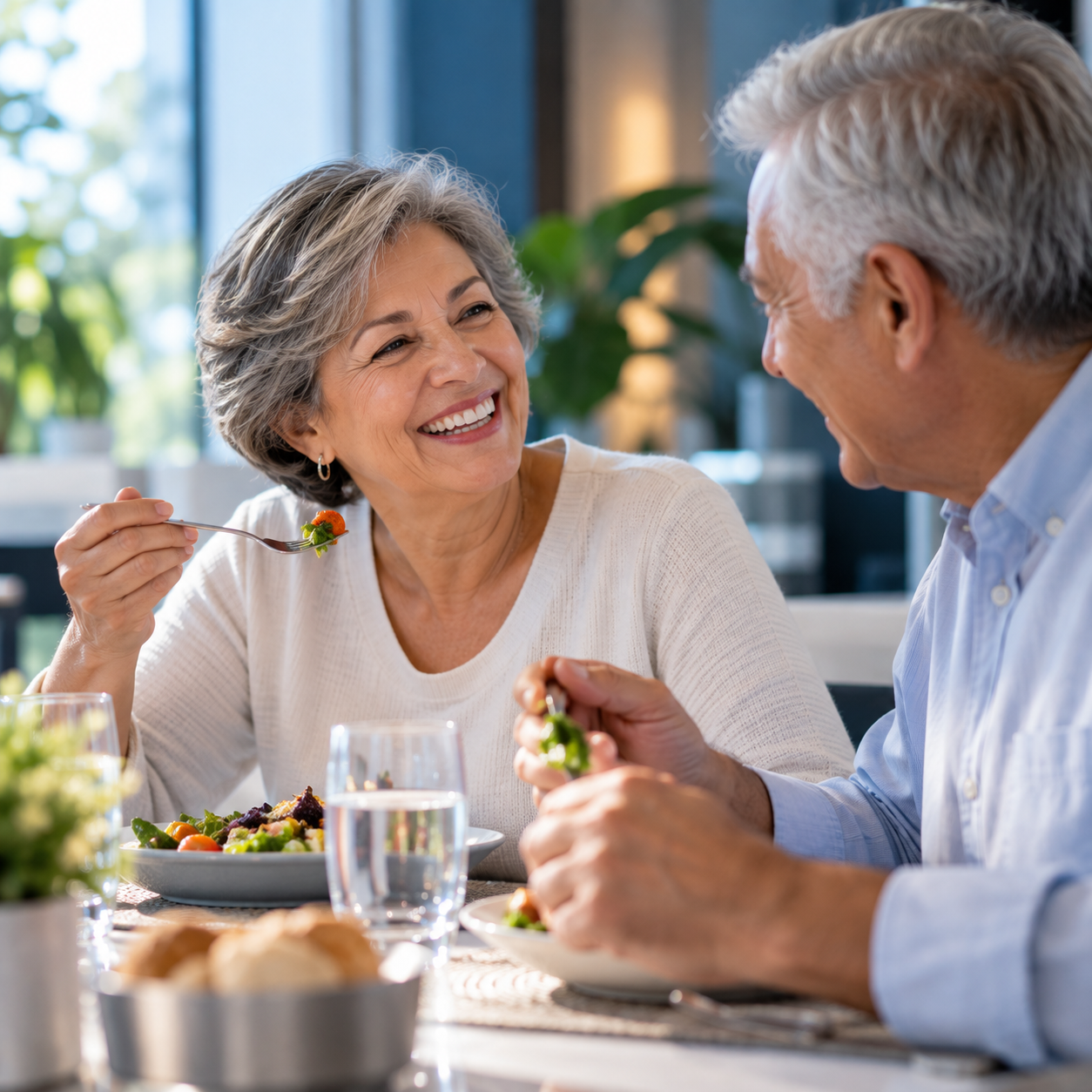 Pareja de adultos mayores disfrutando de una comida y sonriendo con confianza