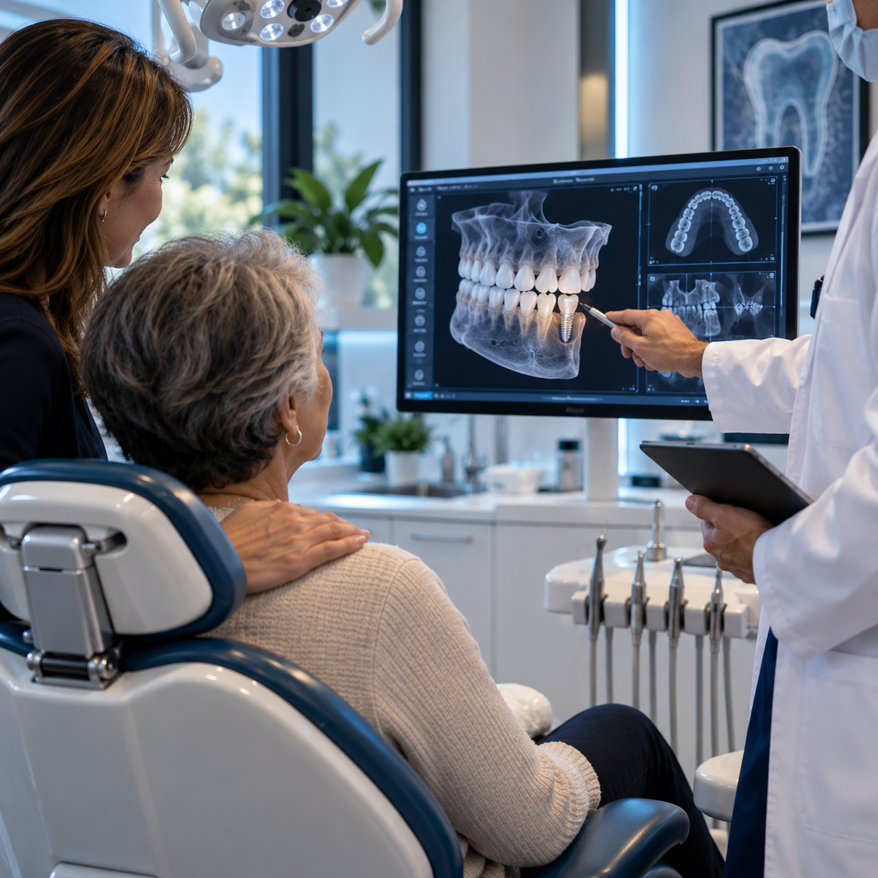 Paciente de la tercera edad acompañada durante una consulta odontológica con planificación digital