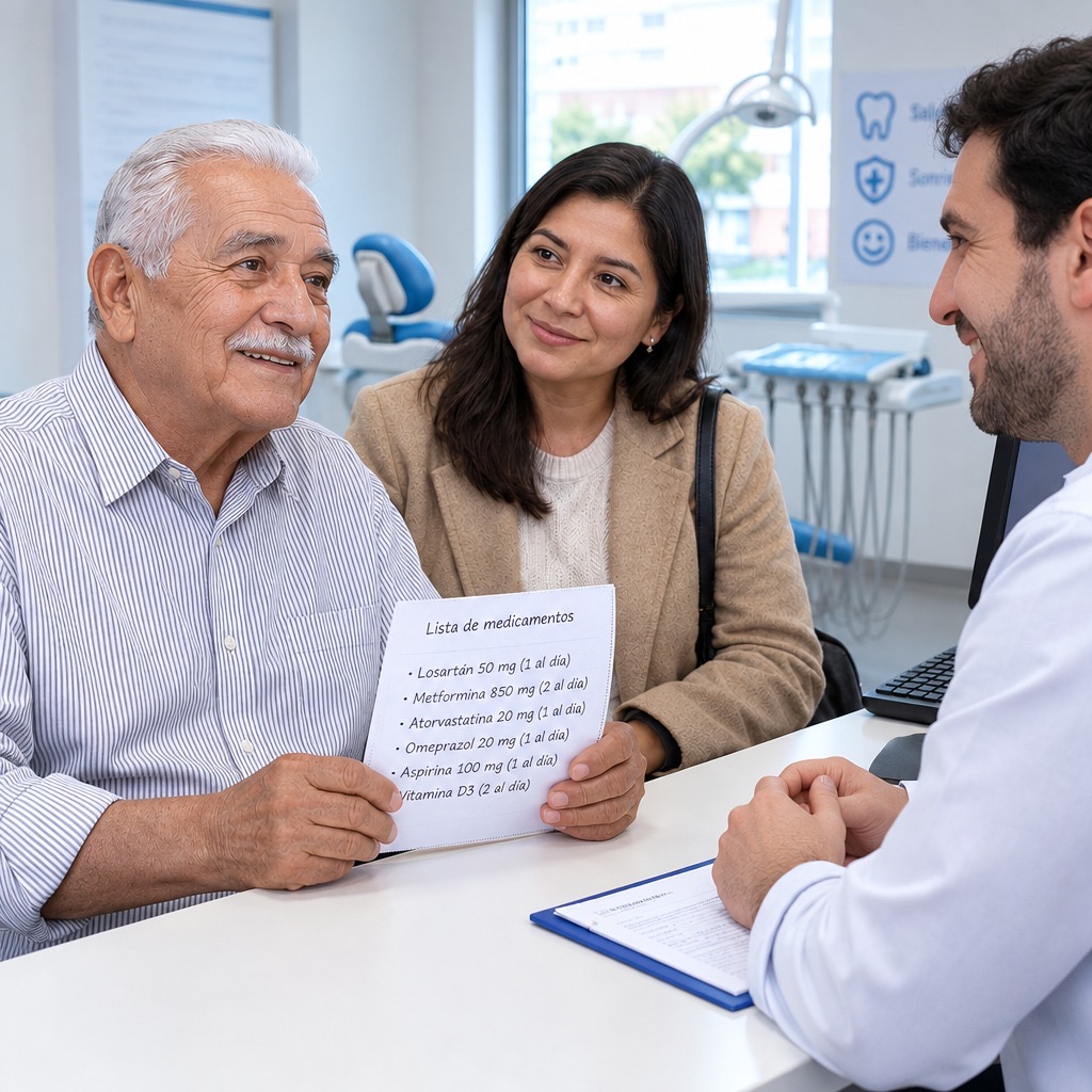 Primera visita de un paciente de la tercera edad acompañado por un familiar